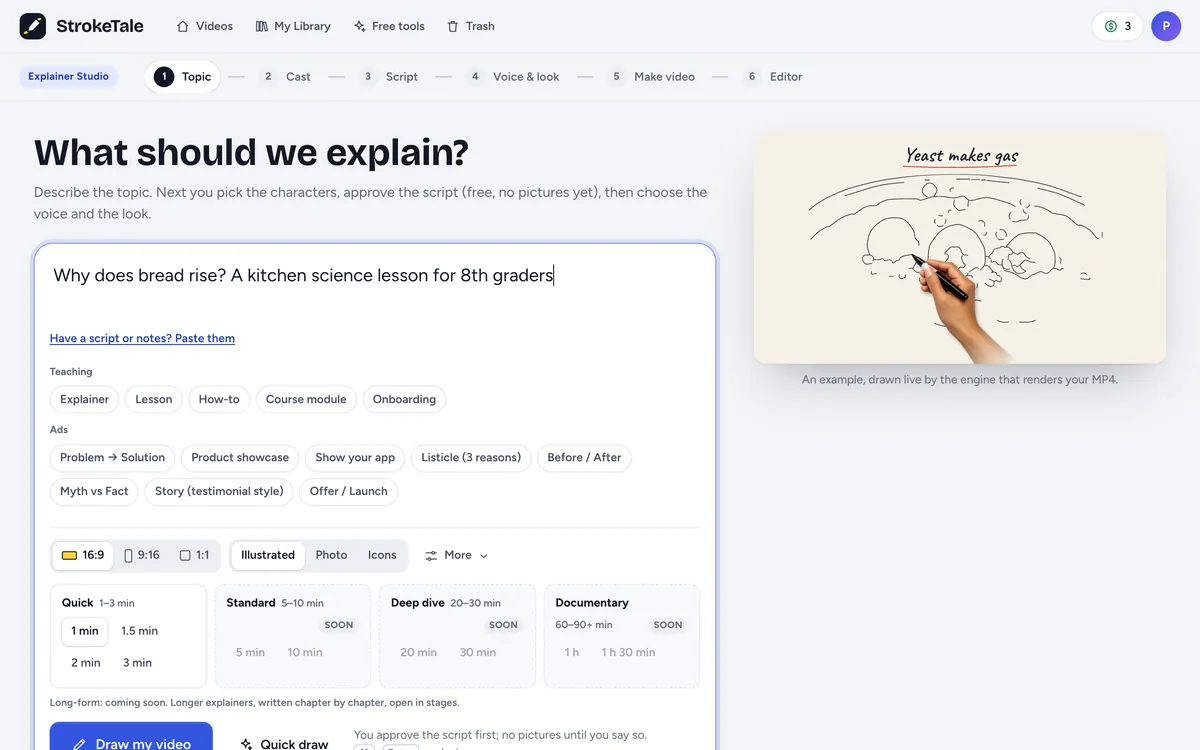 The Topic step in StrokeTale: a topic typed in, the teaching formats, the shape and the length.