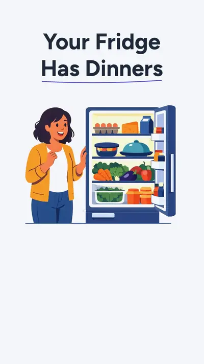 A vertical Instagram ad for Plately, a fictional meal-planning app: a woman opens a full fridge under the title Your Fridge Has Dinners.