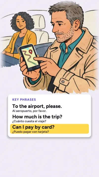 A Soft 3D language lesson card with English lines, Spanish translations and the key phrases.