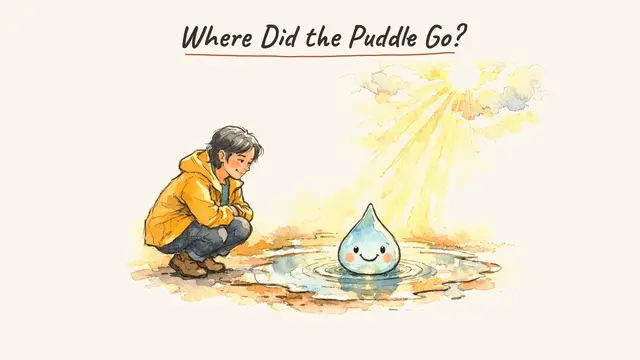 A watercolour kids' story: a child crouches by a puddle where a smiling water drop sits in the sun, under Where Did the Puddle Go?