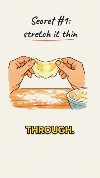 Hands stretch dough thin under the title Secret #1, with bold captions.