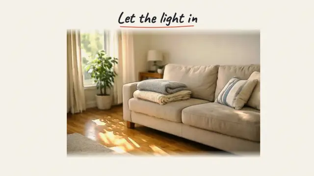 A realistic photo of a sunlit living room under the title Let the light in.
